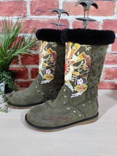 ED HARDY OLIVE MID CALF BOOTS UK 3.5 EU 37 CHINESE DRAGON GEISHA SKULL STUD FUR