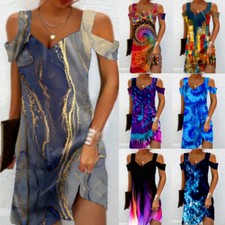 Women Ladies Mini Dress Sundress T-Shirt Print Sewing Midi Boho V-Neck Gown