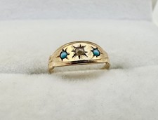 Antique VICTORIAN 10k Gold Baby Gypsy Ring Pendant Tiny .5 Turquoise Pearl READ