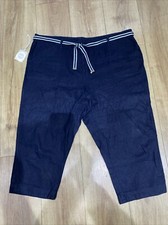BHS Authentic Navy Linen/visc Crop Trousers & Woven Tie Stripe Belt, UK20 Ex Con