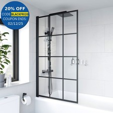 Bath Shower Screen Black Grid Square Door Hinged 800mm Framed Safety Glass Panel