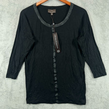 FENN WRIGHT MANSON Black Faux Leather Trim Top  Womens Medium Black Shirt NWT