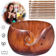 Wood Yarn Bowl w/ 12pcs Crochet Hooks Hand Made Yarn Storage Holder for Knitting