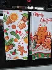 Gingerbread Tea Towel Set of 2 Christmas Kitchen Towels Red Bow Orange Xmas Gift