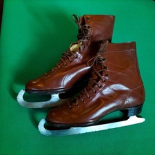 Antique Vintage Ice Skates Brown Leather Boots,SWEDEN Blades,Old Feature Display