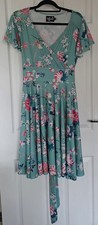 Hell Bunny Green Floral Flowers Pink Crane V-Neck Short Sleeve Belt Dress XL 16 