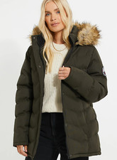 Threadbare Jacket Ladies Woodie Hooded Short Padded Faux Fur Trim Khaki Green