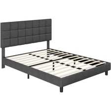 4ft6/5ft Upholstered Bed with Adjustable Linen Tufted Square Headboard Dark Grey