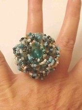 Large Blue Bead Flower Stretch Ring Adjustable Gift Pouch SIZE T