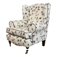 Queen Anne Wing Back Arm Chair in Purple/Grey/Cream Flower Print Design 