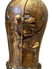 A Japanese Mixed‑Metal Bronze Vase Depicting Mythic Warrior and Tengu Scene