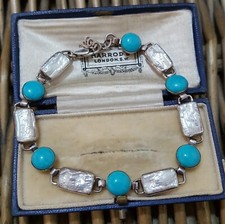 Vintage 925 Sterling Silver Bracelet, Natural Sleeping Beauty Turquoise, Pearls