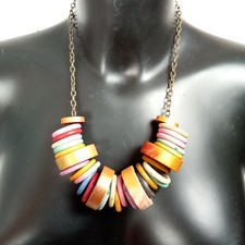 Boho Statement Chunky Multi-Coloured Wooden and Resin Discs Necklace  21 " Long