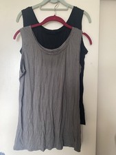 YONG KIM CRINKLE VEST TOPS X 2 - BLACK & KHAKI - PIT TO PIT 18"