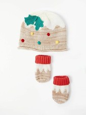 John Lewis Baby Christmas Pudding Hat and Mitt Set 0-3 Months New with Tag UK