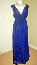  DEBENHAMS BLUE & BLACK ANIMAL PRINT MAXI HOLIDAY, PARTY DRESS SIZE UK 10