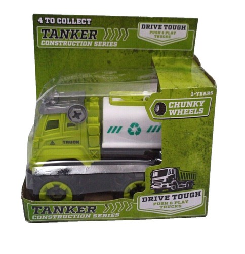 Green and white tanker truck - and,