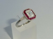 Ring Ladies Sterling 925 Silver Ruby White Sapphire Ring Art Deco Halo Style