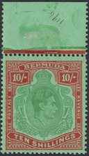 Bermuda 1951 KGVI 10sh Green + Vermilion on Green p13 Margin Mint SG119e cat £35