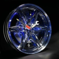 Neon Alloy Rim Wall Clock Blue LED Light Border Car Garage Wheel Motoring Gift