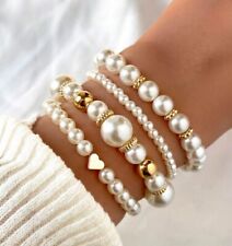 UK Women Ladies Jewelry 4pcs/Set Fashionable Love Beaded Faux Pearl Bracelet Set