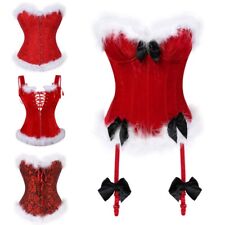 UK Women Christmas Santa Claus Corset Feather Trim Lace-up Bustier Tops Lingerie