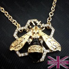 QUIRKY HONEY BEE NECKLACE chain CRYSTAL PENDANT honeycomb GOLD/BLACK/CHAMPAGNE