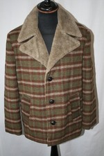 vtg 70s green plaid check lumberjack western ranch jacket faux fur collar size M