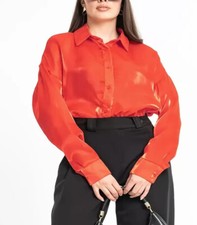 Orange shiny sheer long sleeve button front blouse. 44"/46" bust. New size 18/20