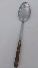 Vintage Slotted Serving Spoon Stainless Steel Wooden Handle Utensil