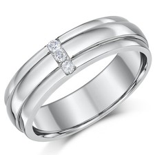 Palladium Diamond Wedding Ring Band Grooved Three Diamond Polished Ring 5mm 6mm