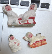 Vintage 1940s Christmas Snow Babies, Miniature Chalkware Figurines x 3 ; England