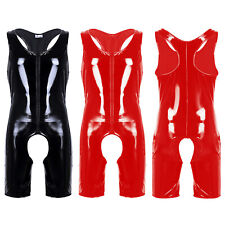 UK Men Wet Look PVC Leather Front Zipper Boxer Shorts Leotard One Piece Bodysuit