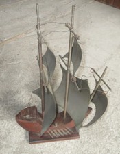 Old model boat three masts galleon in wood and metal French antique boat