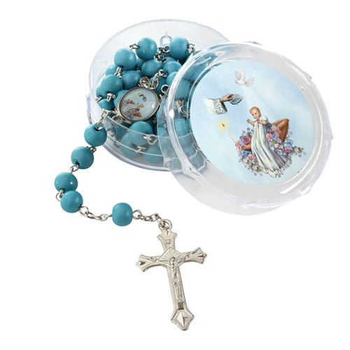 Blue baptism rosary - blue, case