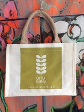 Fab {Orla Kiely jute tote Cream & Green Stem Acorn Gusseted shopper Lunch bag