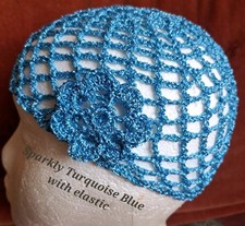 SPARKLY * TURQUOISE BLUE LUREX CROCHET SKULL CAP HAT Fancy Dress Party 70s ABBA