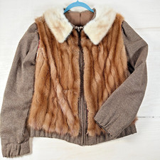 VINTAGE Handmade Mink Fur Jacket Women's S Brown Bomber Style Wool Sleeves Coat