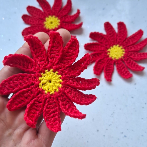 Red yellow crochet flower - red, &