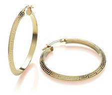 9CT YELLOW GOLD ON SILVER LARGE GREEK KEY LADIES CREOLE HOOP EARRINGS
