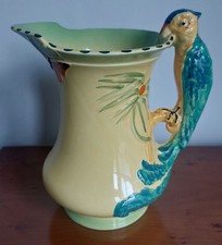 Burleigh Ware Art Deco 1920s Green Pottery Jug With Blue Parrot Handle