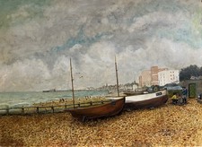 VINTAGE OIL PAINTING Fishermen on Worthing Beach By Adams 1982