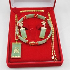 Natural Jade Necklace Earring Bracelet Women 18K Gold Plated Jewelry Set Gifts