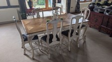 Large 6 Seater Dining Table & Grey Chairs. White. Oak. Shabby Chic. Solid Wood.