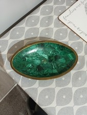 Vintage Malachite Oval Dish With Brass Rim