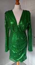 BNWT Green Sequin 80s Style Plunge Mini Dress Festive Party Uk 10