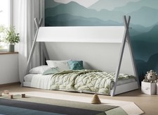 Kids Canvas Tipi Tipee Wooden Single Bed Frame Grey Inc Sprung Mattress
