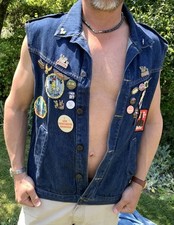 Genuine Vintage 80’s Bikers Triumph BSA Denim Vest Metal Patches ACDC Medium