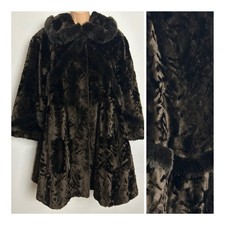 Vintage 80s IL PAVONE Brown Faux Fur 3/4 Sleeve 50s Style Swing Coat Up To 16