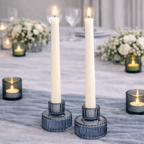 Blue ribbed glass candlestick - blue,